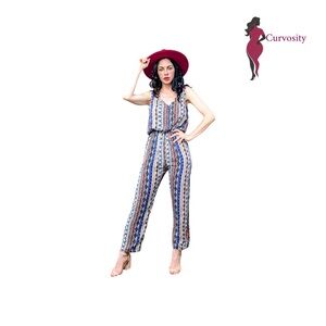 Women's Striped Jumpsuit - Blue and Brown